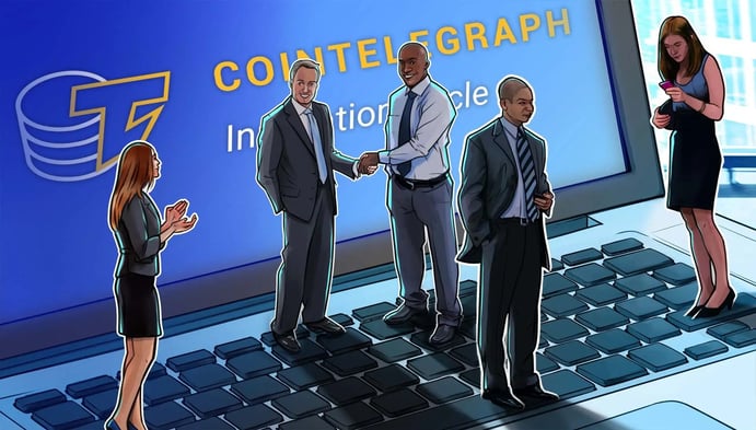 Cartoon image of office workers standing on a giant laptop keyboard.