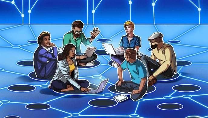 A cartoon image of a group of workers huddled around in a circle with their computers.