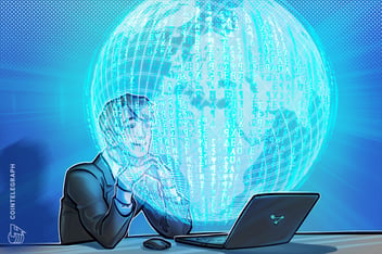 Cartoon image of man behind imagined globe coming out of his computer